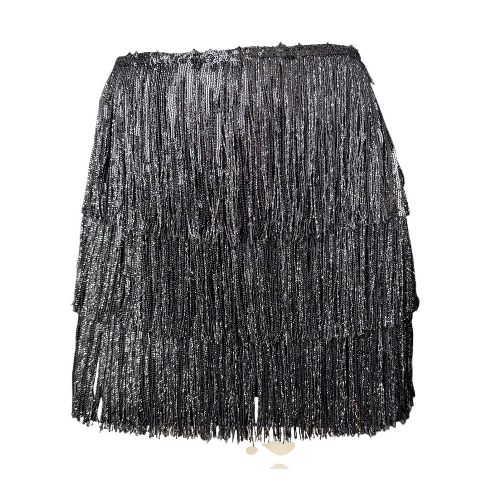 White Fox Fringe Sequin Mini Skirt Black Sparkly Party Festival Nightlux L